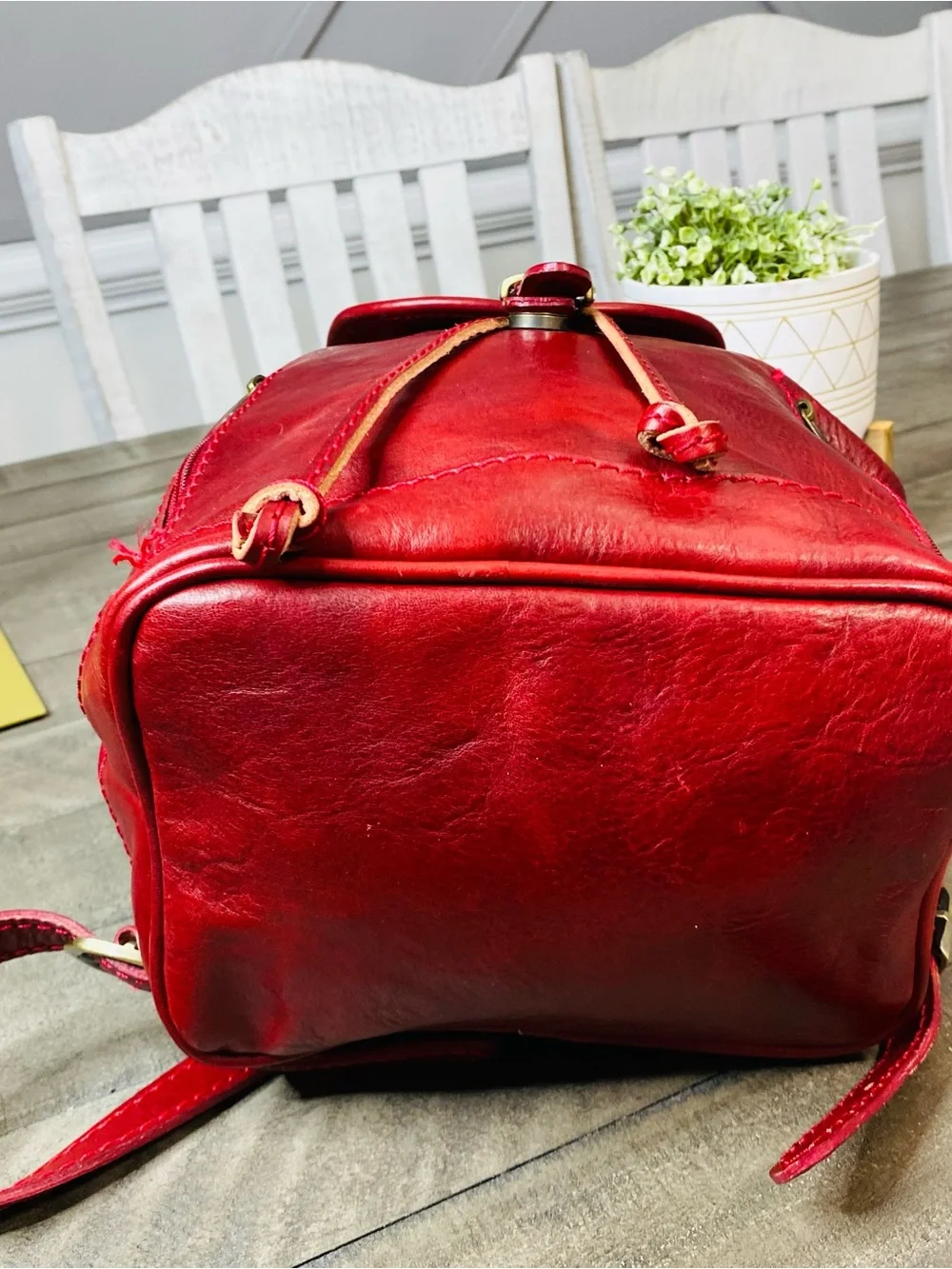 Vera Pelle Italian Red Leather Mini Backpack Vintage Drawstring Flap Bag Italy